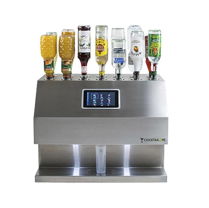 Moderne Cocktailmaschine mit verschiedenen Getränkeoptionen, ausgestattet mit sechs Zapfhähnen und digitaler Anzeige. Jeder Zapfhahn ist mit einem unterschiedlichen Getränk gekoppelt, darunter Bier, Wein und Softdrinks, präsentiert in durchsichtigen Behältern, die das jeweilige Getränk zeigen. Die Maschine besitzt ein hochmodernes Design aus Edelstahl und ein benutzerfreundliches Touchscreen-Display für die Auswahl der Getränke.