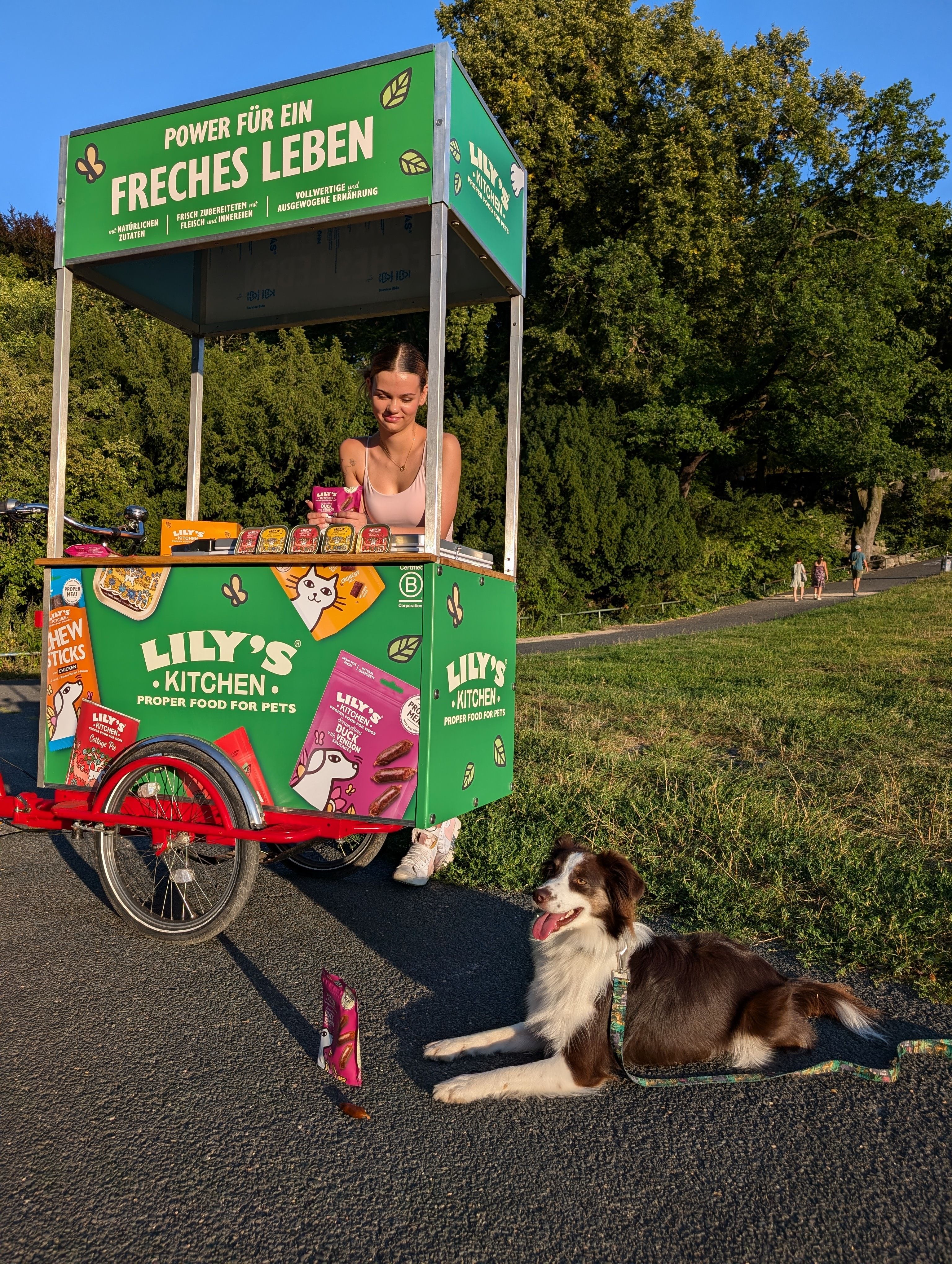 Hund sitzt im Park neben einer Tüte Lily’s Kitchen Duck & Venison Snacks während einer Promotion in Berlin.

