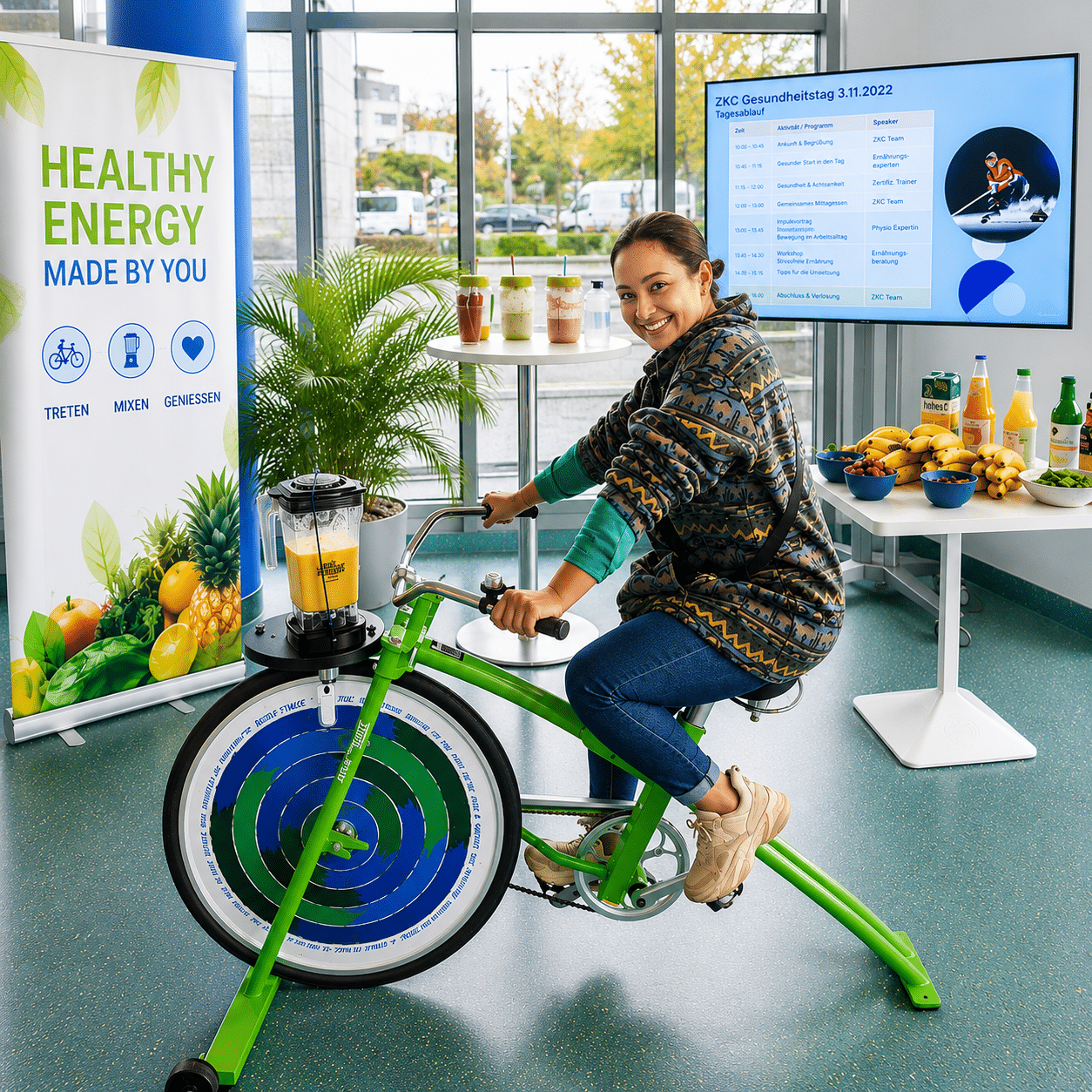 Smoothie-Bike mieten für Gesundheitstage – Teilnehmerin mixt einen Smoothie durch eigene Muskelkraft.