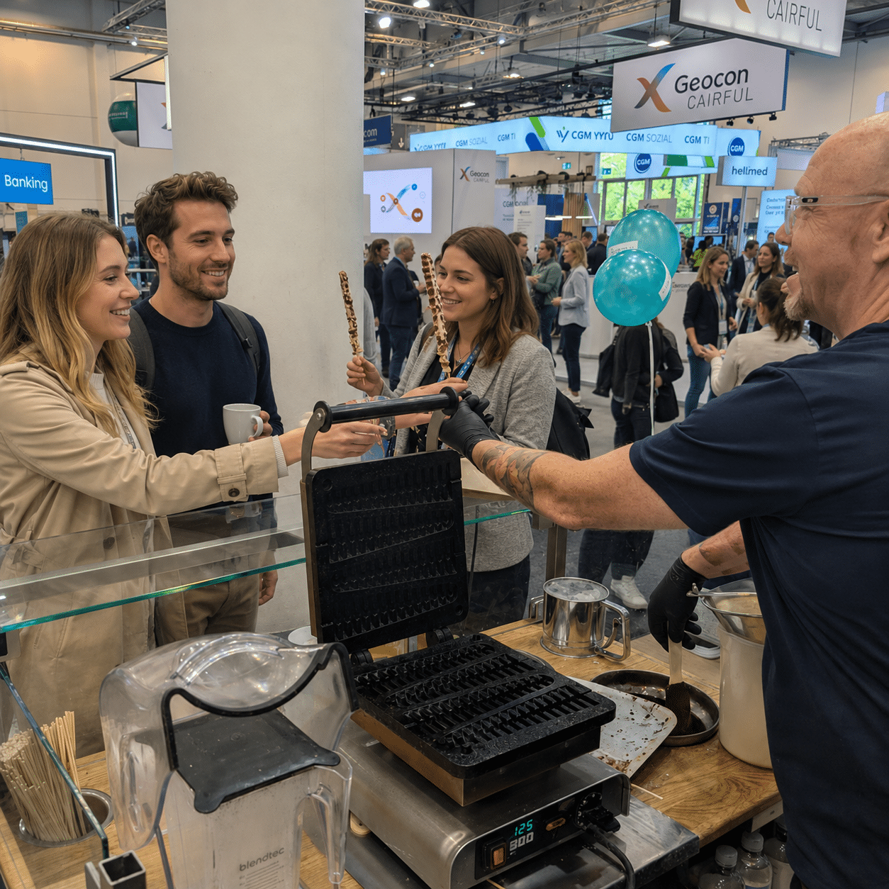 Besucher erhalten frisch zubereitete Waffeln an einer mobilen Catering-Station auf einer Messe.